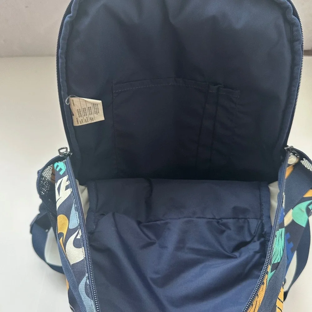 Nike Backpack Navy Multi Color Logo All Over Print Swoosh Elemental School Bag